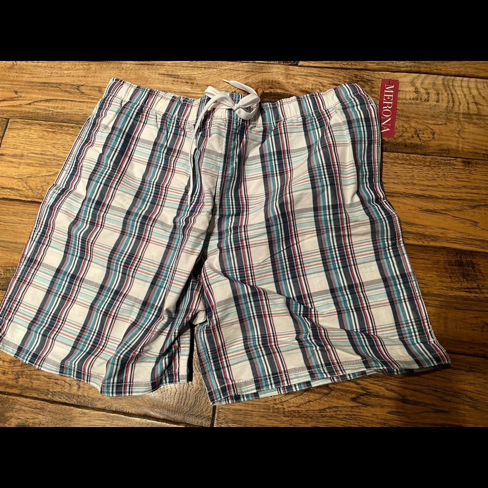 Plaid men swim wear with lining, wide elastic waist, drawstring, small pocket in